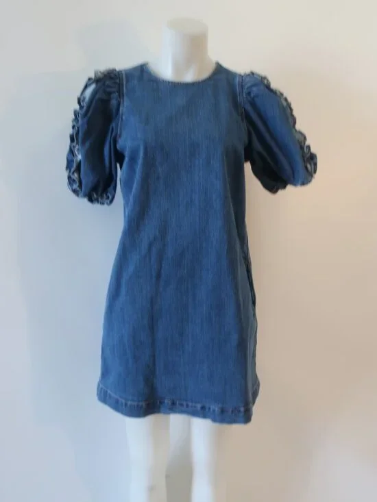 Womens Ulla Johnson Poppy (Item- 12) Blue Denim Ruffled Slv Mini Shift Dress 4 - Picture 9 of 14